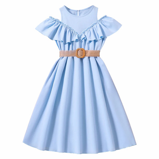 summer fashion girl dress teenager girl clothes ruffle girls princess dresses with belt kids clothing children outfit plus size