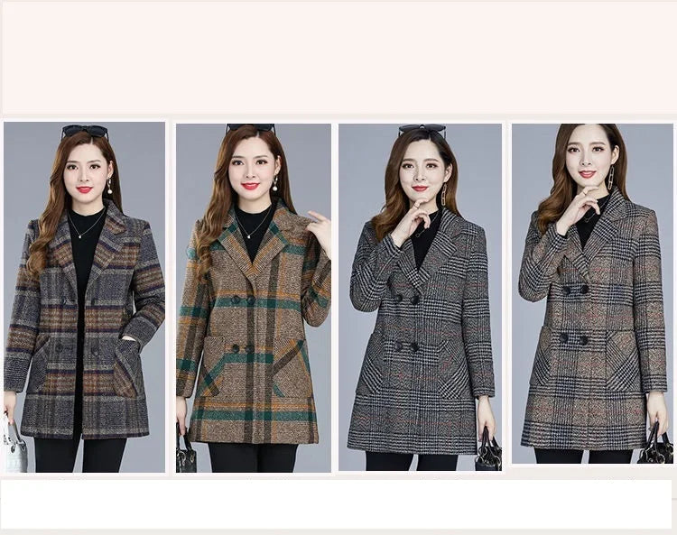 Mother's clothing Plaid Woolen Jacket 5xl Autumn Winter Female Thicken Slim Middle length Outwear Korea Women's Casual Wool Coat