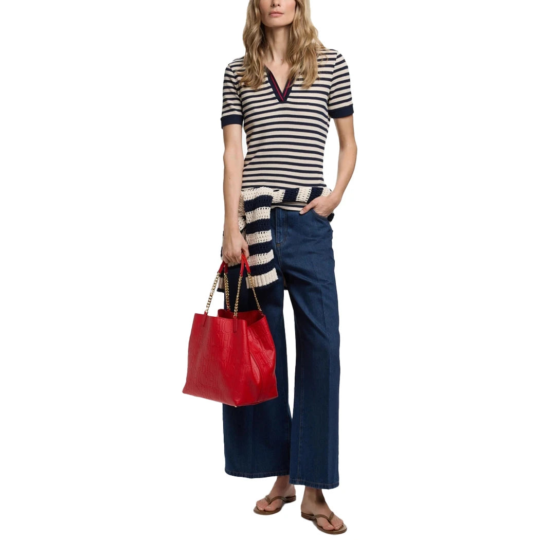 CHCH Fashion Stripe Knitted Polo Neck T Shirt For Women Soft Chic Short Sleeve Casual Pullovers 2025 Summer New Lady Street Tops