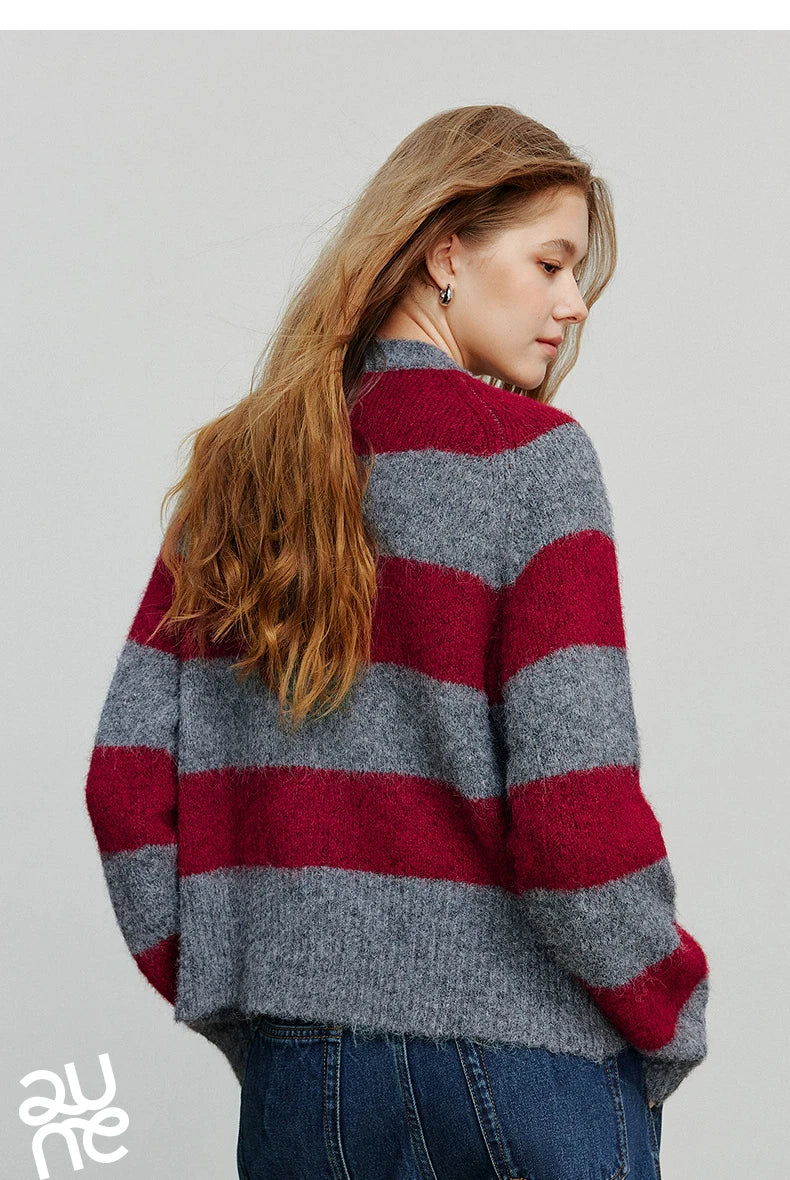 TOYOUTH Women Sweater 2025 Autumn New Color Contrasting Lulu Style Striped Cardigan Tops