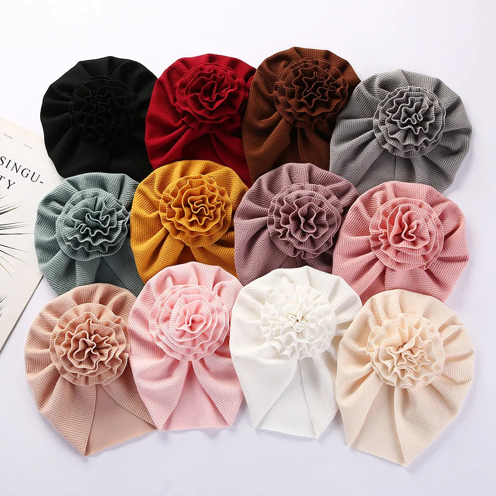 Turbante acanalado de flores grandes para bebé, gorro de algodón con nudo superior, diademas para niño y niña, gorros para recién nacidos, accesorios para niños