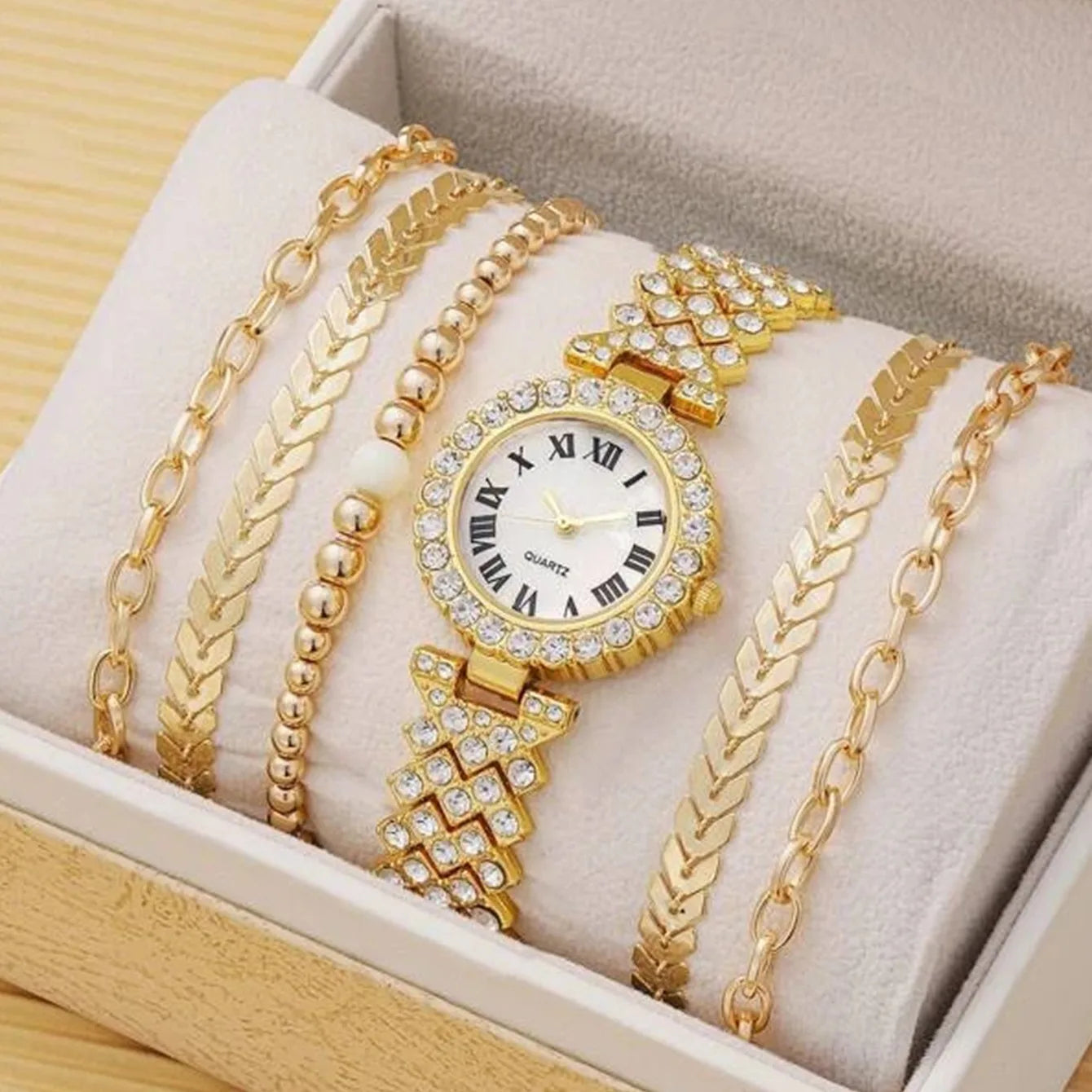 Diamond Women's Bracelet Watch Luxury Fashion Watch Bracelet Set Full Crystal 5Pcs Watches for Women Rhinestone Set Gifts Reloj