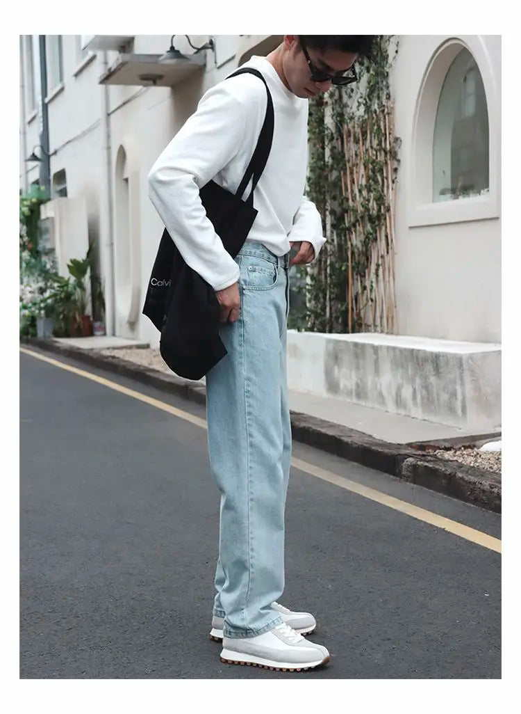 New 2026 Men's Designer High-end Straight-leg Jeans Korean Vintage Light Blue Jeans Menswear Clothing Cowboy Work Pants Man