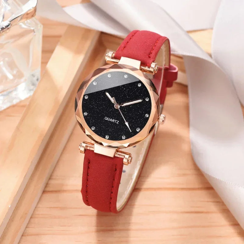 2pcs Luxury Fashion Women Watch Set PU Leather Strap Ladies Quartz Wristwatch Rhinestone RoseGold Alloy Bracelet For Ladies Gift