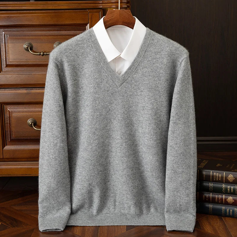 100% Cashmere Men's Pullover Casual Solid Color Knitted Sweater Loose Pull V-Neck Tops Basic Versatile Jumper