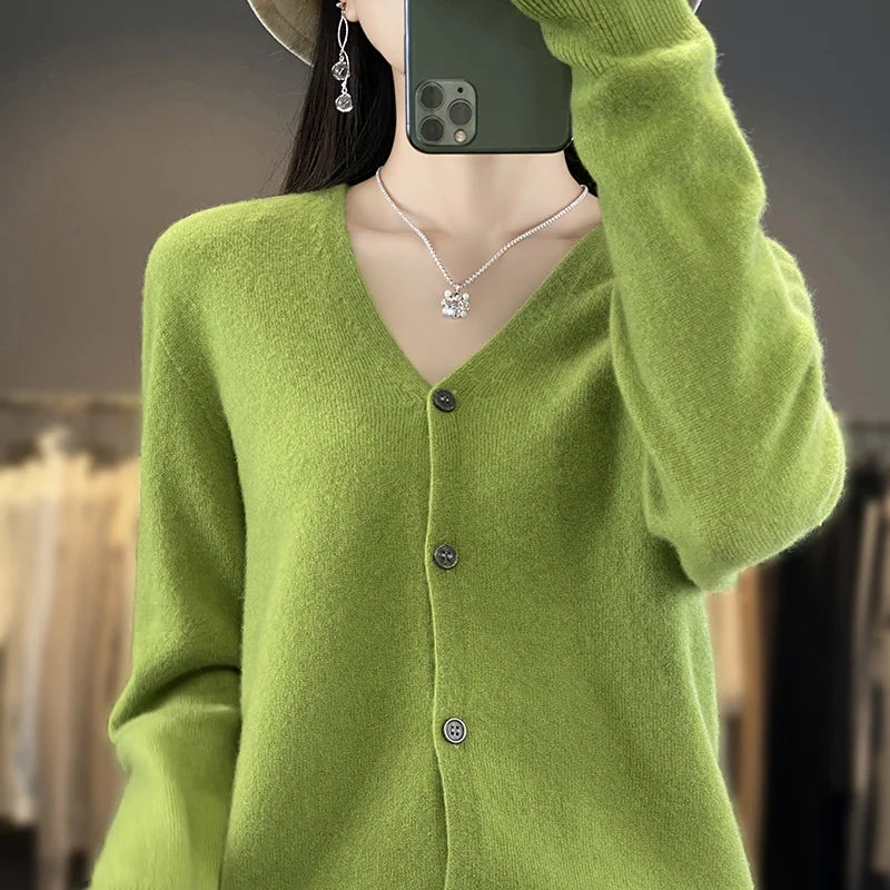 New Fashion Spring Autumn 100% Merino Wool Women's V-neck Cardigan Cashmere Sweater 2024 Female Knitwear Clothing Korean Tops
