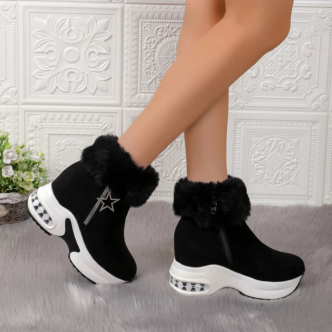 Women Boots Winter 2024 New Casual High Heels Warm Boots Thickened Fluff Wedge Shoes Fashion Outdoor Platform Snow Boots Women