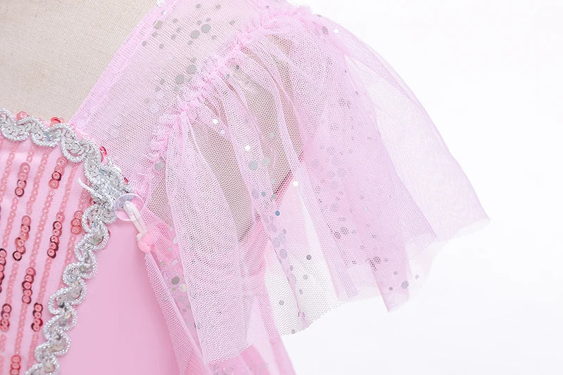 Girls pink sequined mesh princess dress, mesh short sleeves, with cape, suitable for party, dance, performance, carnival dress