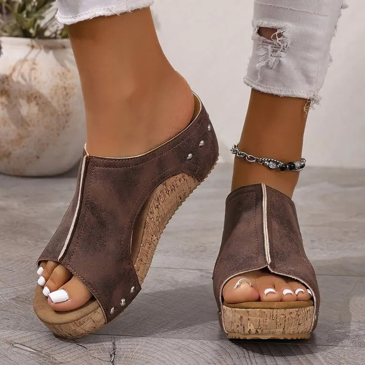 Women's Fashion Wedge Sandals Cork Platform Mules Open Toe Studded Slide Sandals Casual Summer High Heel Slides for Women Ladies