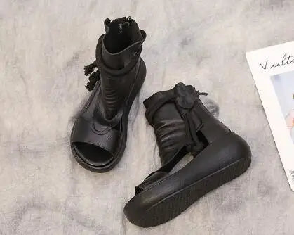 GKTINOO 2026 New Summer Black Women Leather Sandals Cool Boots Platform Shoes Wedges Sandals Women Shoes Fashion Outdoor Sandals