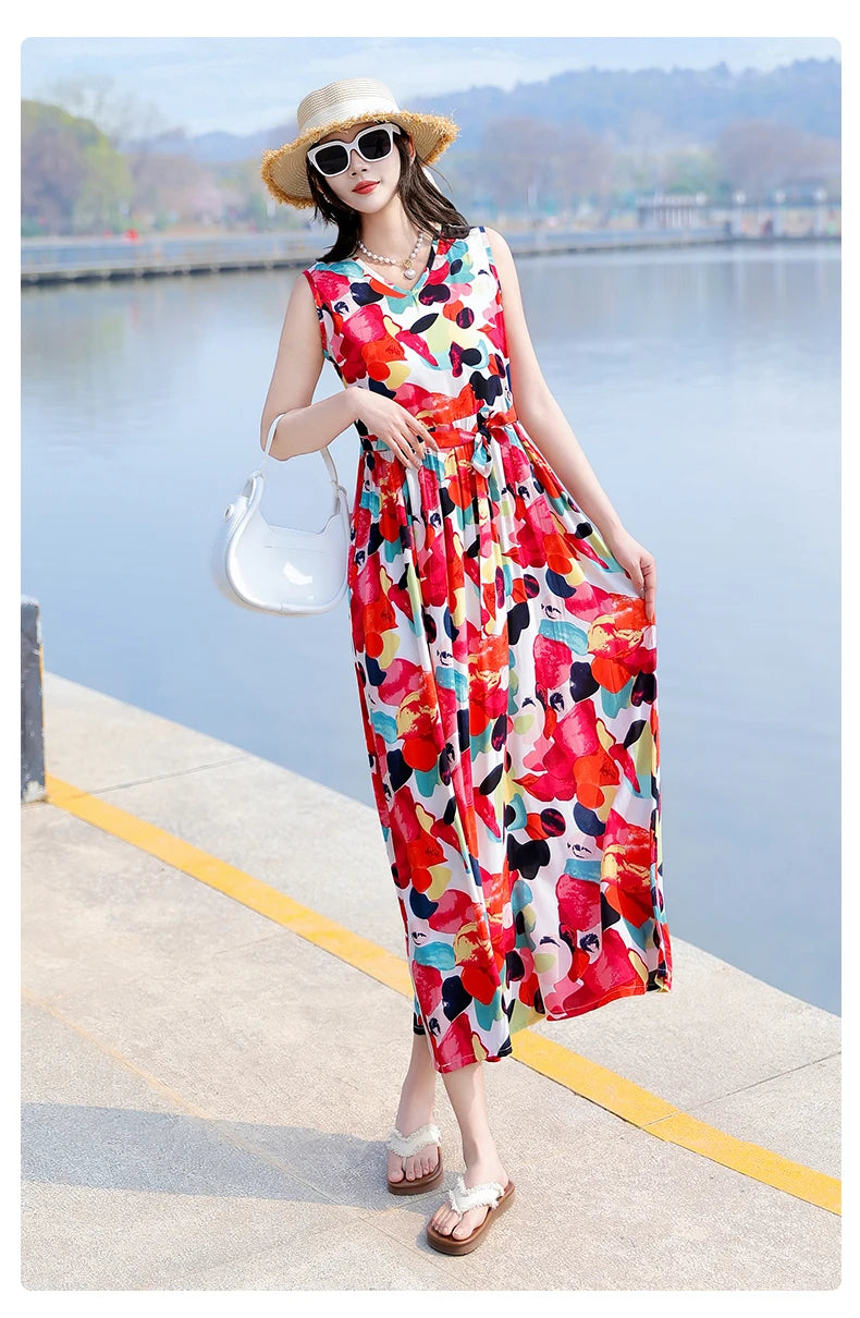 Spring Summer Dresses Fashion Female Sleeveless printed Casual Dress Women A-line Dresses Vestidos