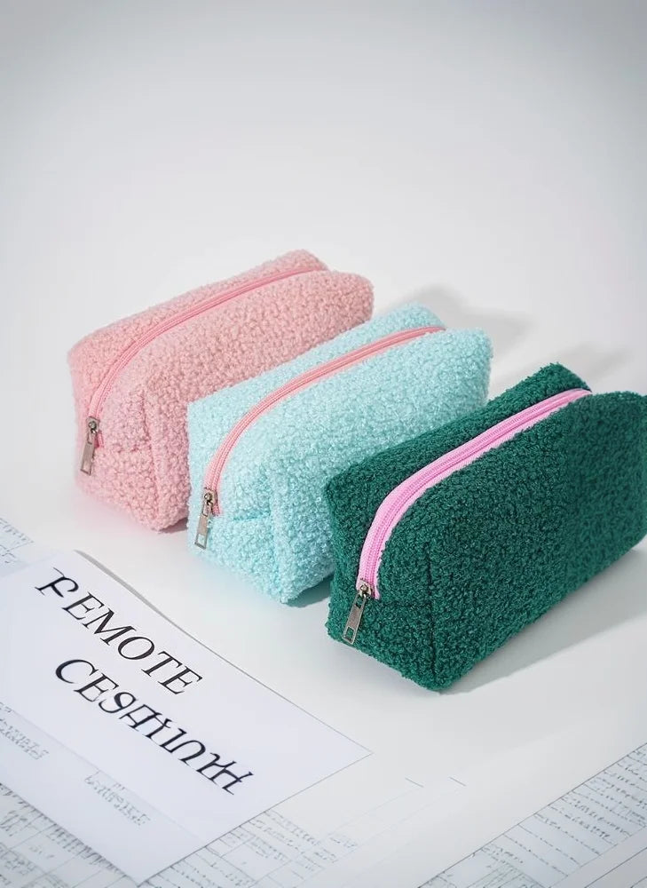 Cute Plush Makeup Bag For Women Portable Travel Small Cosmetic Bags Solid Color Zipper Toiletry Bag Washing Pouch Storage Bags