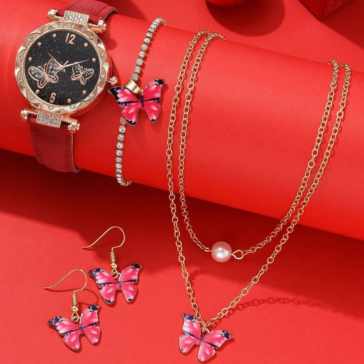 Female Clock Butterfly Dial Watches for Women 5pcs Set Women Quartz Watch Luxury Brand Design Simple Ladies Wristwatch Earrings