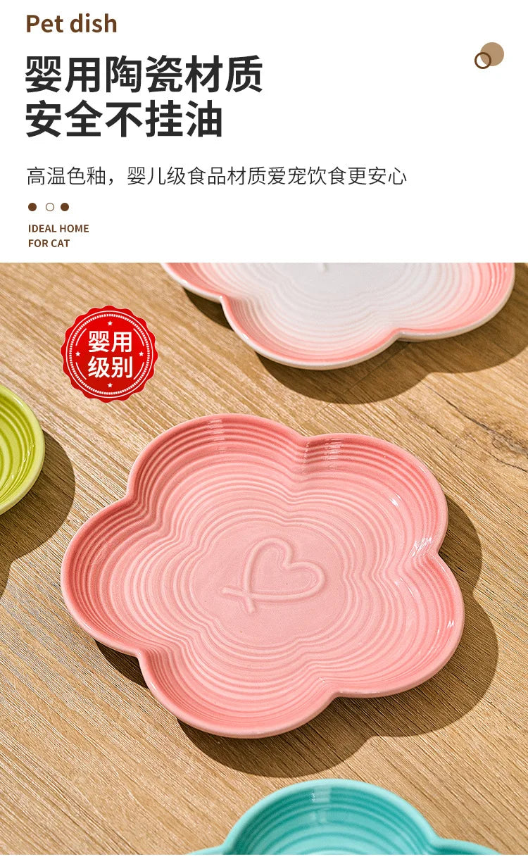 High Aesthetic Ceramic Pet Bowl with Wood Stand, Shallow Dish for Cat Snacks, Cute Bow Knot Pattern, Cat Food Dish,Home Kitchen