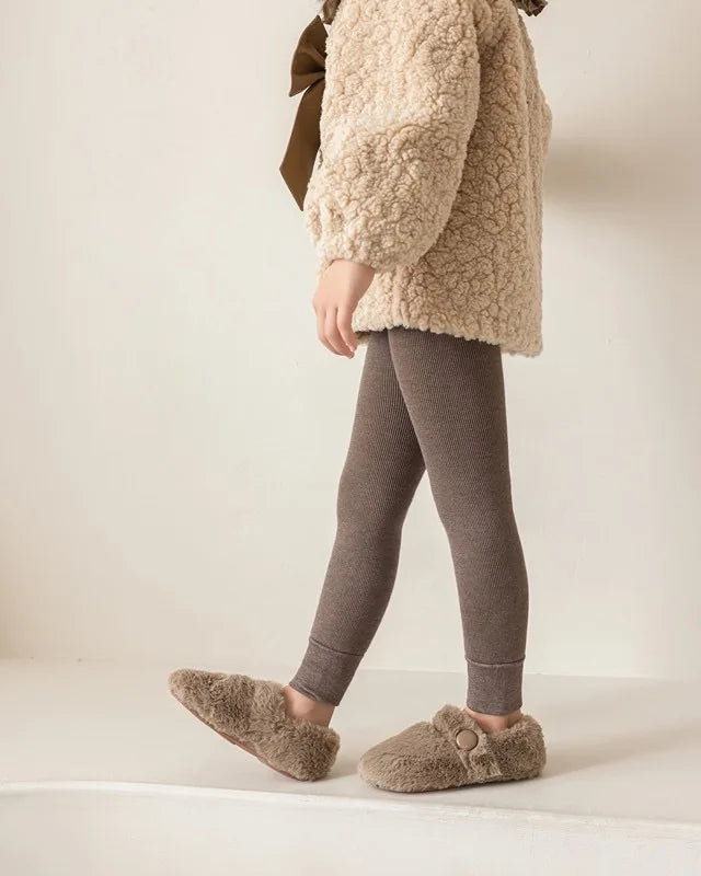 Girls Thermal Leggings Autumn Winter Thick Fleece Lined Kids Warm Stretchy Skinny Pants Solid Color Children Casual Trousers