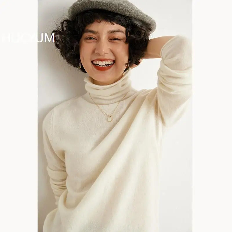 Women's 100% Cashmere Sweater Casual Solid Color Knitted Pullover Loose High Neck Jumper Autumn/Winter Warm Blouse Tops