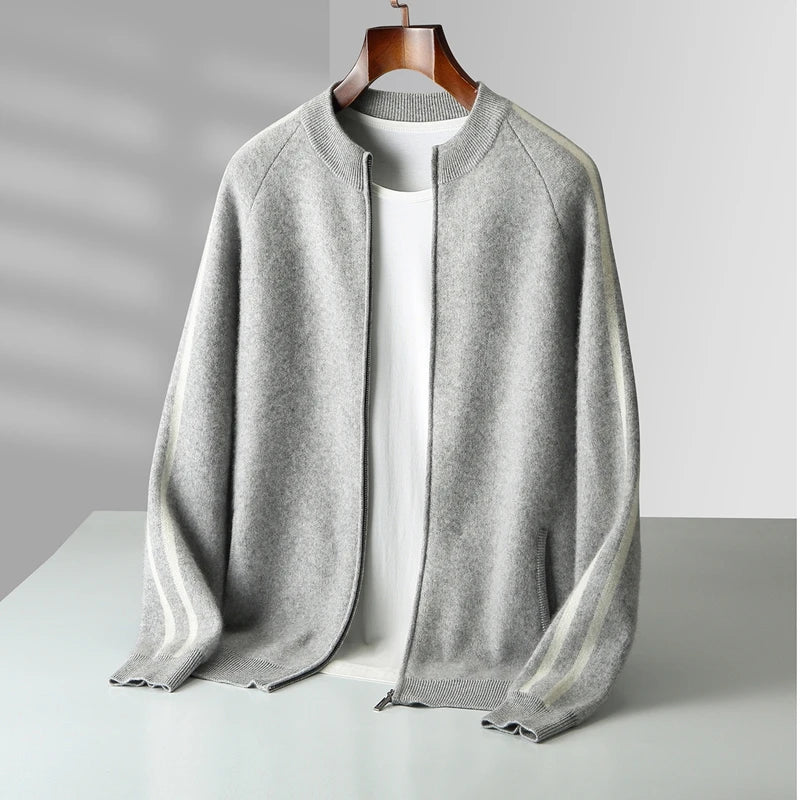 Winter Cashmere Sweater Men's Round Neck Knitted Jacket Contrast Striped Zipper Cardigan Youth Wool Thick Sweater
