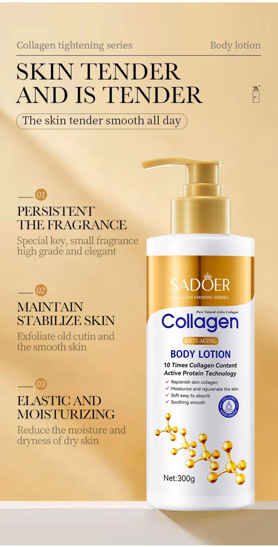 300g Collagen Anti-Aging Body Lotion: Moisturizes, Smooths, And Repairs Skin; Gentle And Easily Absorbed.