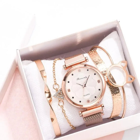 5pcs/Set Luxury Women Watches Luxury Magnet Buckle Flower Rhinestone Watch Ladies Quartz Wrist Watch Bracelet Set Reloj Mujer