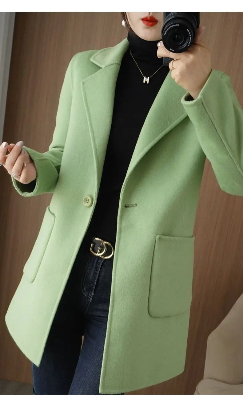 100% Pure Wool Double-Sided Cashmere Jacket Women Overcoat  Autumn Winter New Mid-Length One-Button Slim Wool Windbreakers coat