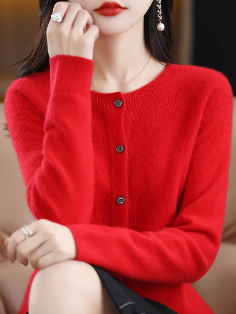 Women Cashmere Sweater 100% Merino Wool Knitted Cardigan Autumn Winter  Knitwear O-Neck Female  Solid Color Casual Fashion Top
