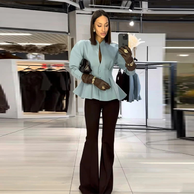 Elegant Pleated Waist Cinched Women's Jacket  Chic V Neck Single Breasted Lace Up Coat 2026 Lady Casual Slim Commute Outerwear