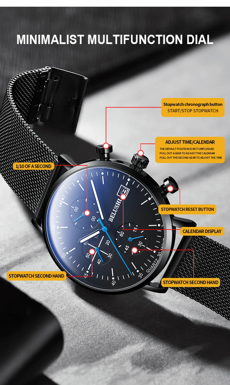 BELUSHI Three-eyes Men Sport Watches Luxury Ultra-thin Dial Stopwatch Quartz Watch Male Luminous Calendar Waterproof Clocks