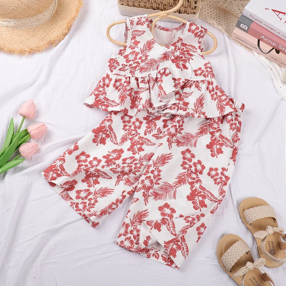 Bear Leader Girls Netflix Tops Wide-legged Pants Set Summer 2026 New Fashion Temperament Retro Floral Two-piece Girls Clothing