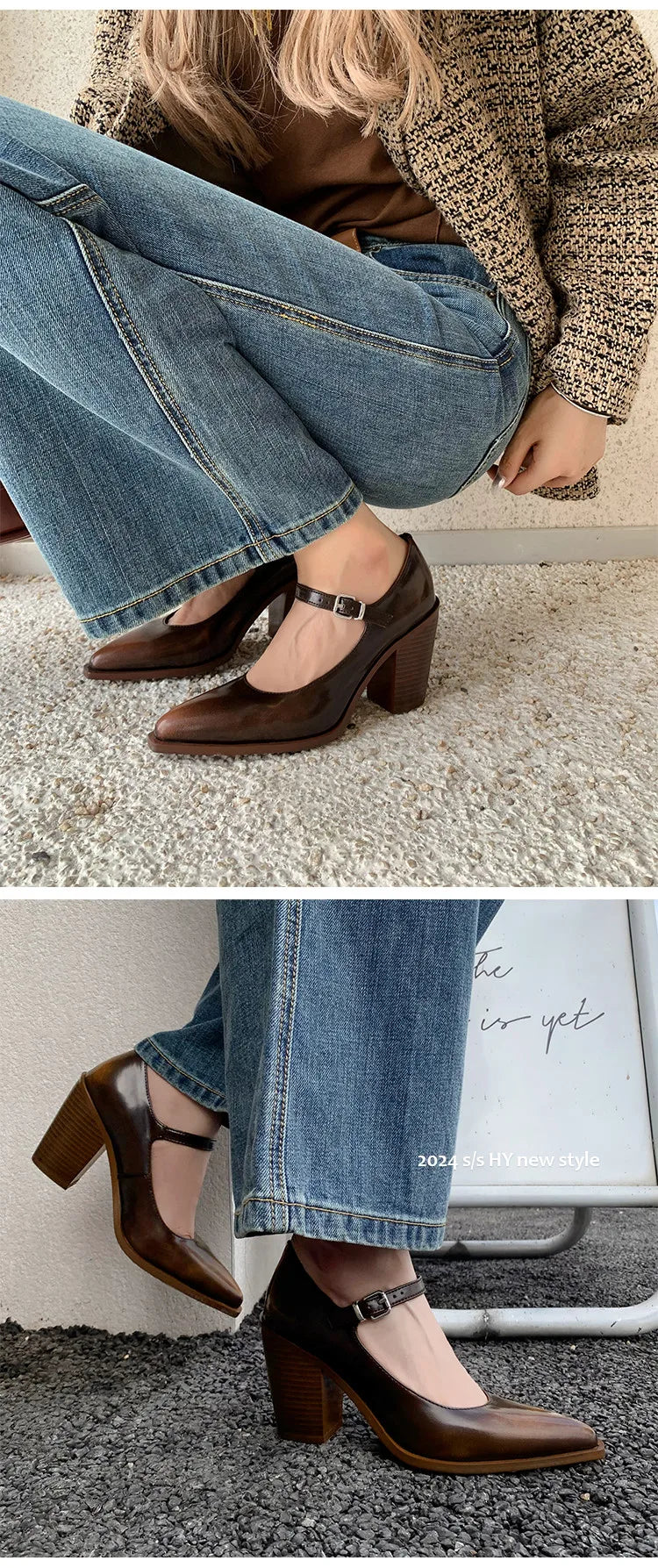 MKKHOU Fashion Pumps New High Quality Genuine Leather Pointed High Heels Mary Jane Shoes Women's Heels Leather Shoes Women Shoes