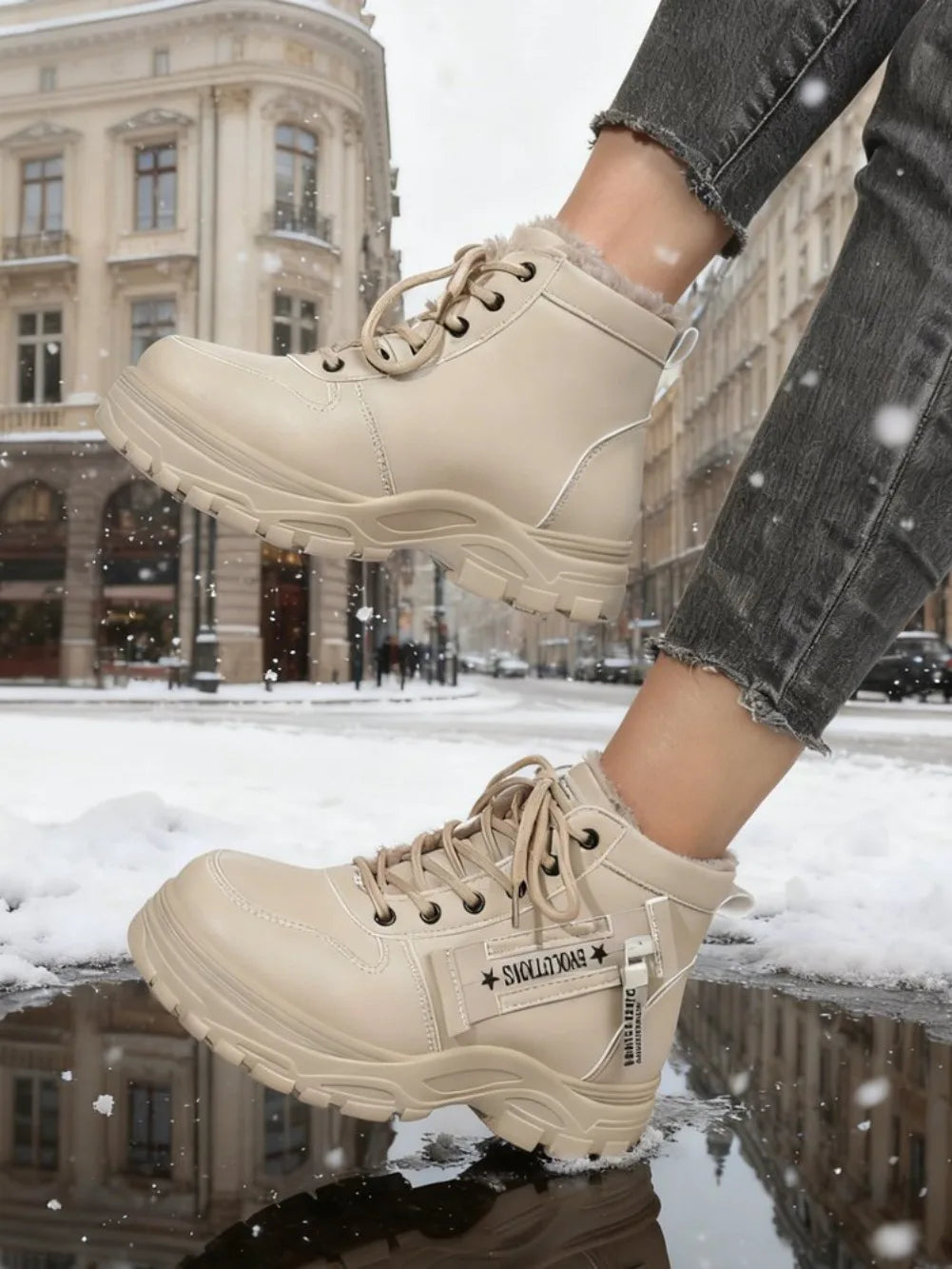 Women's Winter Snow Boots Warm Plush Lined Lace Up Chunky Platform Sneaker Booties Side Zipper Outdoor Walking Shoes for Ladies