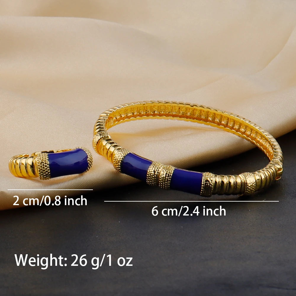 18K Gold Color Plated Dubai Bracelets Luxury Arabian Wedding Jewelry Sets, Hidden Buckle Women’s Bracelets and Rings Jewelry Set