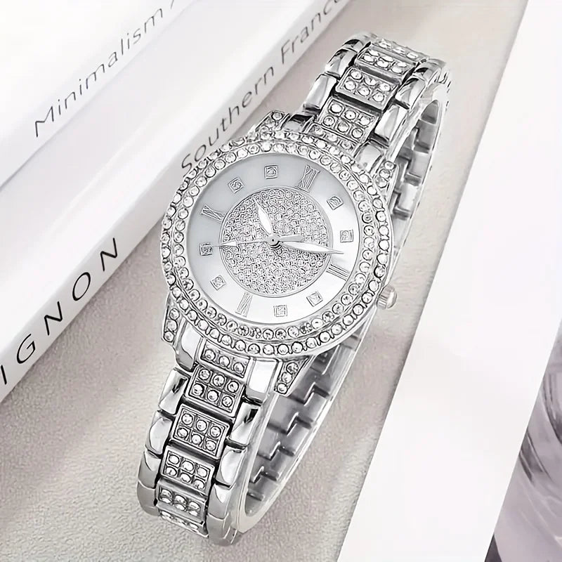 Radiant Luxury Rhinestone Womens Quartz Watch & Jewelry Set - Premium Rome Numerals, Analog Display, 6-Piece Collection