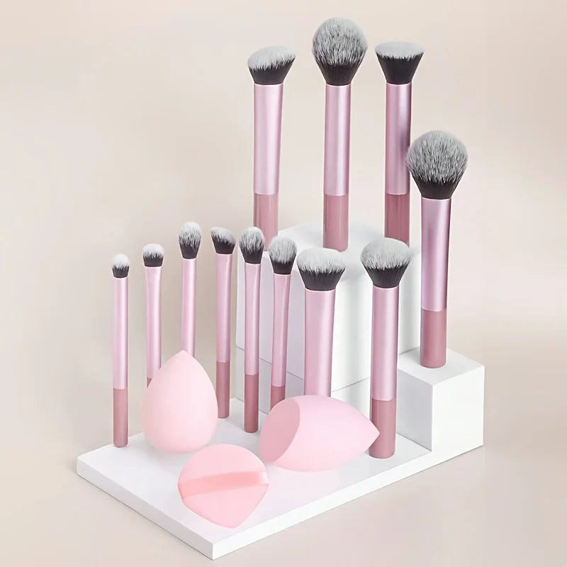 15pcs Makeup Brush Set, Including 12pcs Multi-Functional Ultra-Soft Makeup Brushes And 1pc Angled Tear Drop-Shaped Beauty Sponge