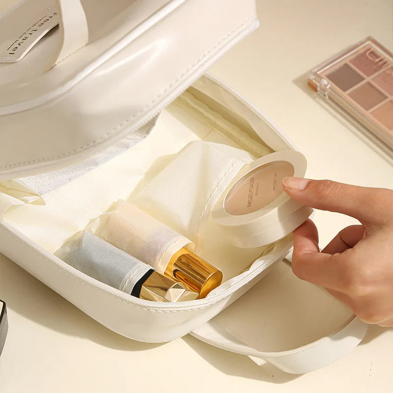 Cream Style PU Makeup Bag Portable Handheld Large Capacity Waterproof Cosmetic Organizer Bag Travel Women Beauty Storage Bag
