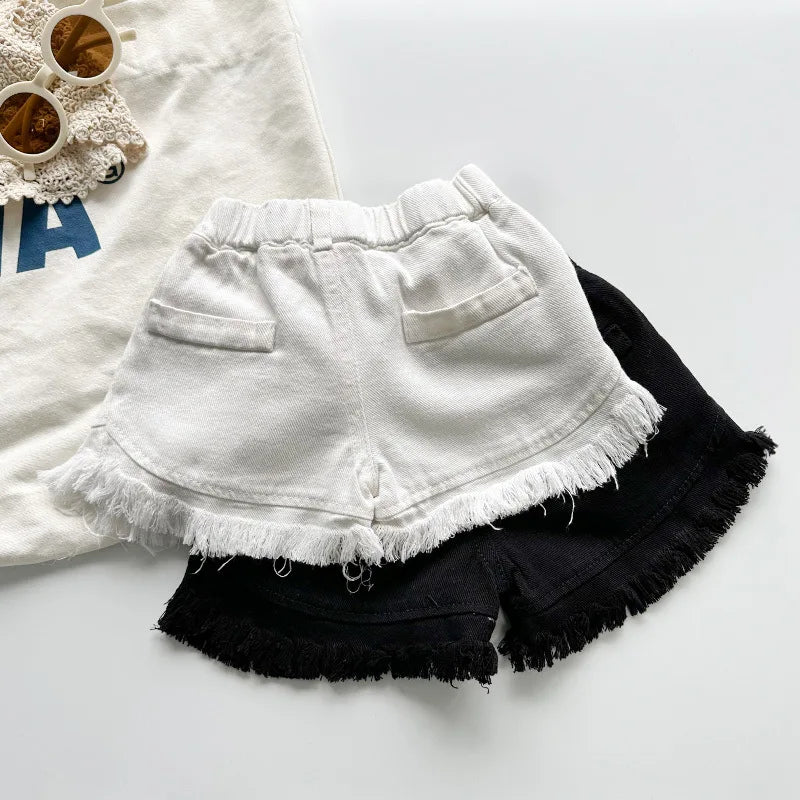 For 2-8Y Best Matching Brief Summer Kids Girl Denim Shorts Tassels Girls Elastic Waist Thin Toddler Girls Cool Jeans Clothing