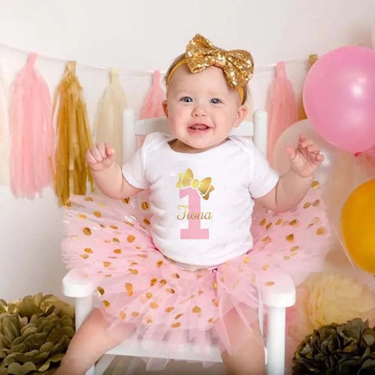 Traje personalizado para niña de 1er cumpleaños, pelele para 1er cumpleaños para niña + falda tutú, conjunto de vestido con tutú para bebé con nombre personalizado