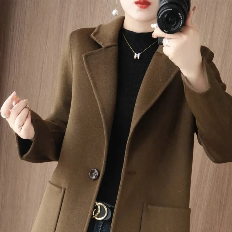 100% Pure Wool Double-Sided Cashmere Jacket Women Overcoat  Autumn Winter New Mid-Length One-Button Slim Wool Windbreakers coat