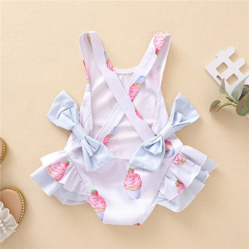 Summer One Piece Girls Swimsuits Baby Bow Ruffle Bathing Bikini Swimwear Toddler Girl Beach Holiday Clothes Kids Swimming Dress