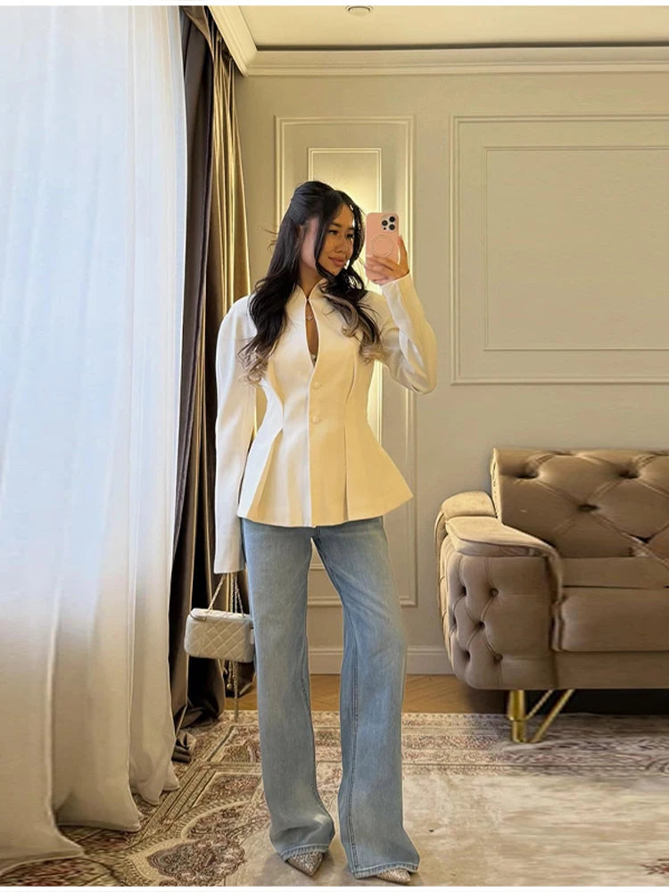 Elegant Pleated Waist Cinched Women's Jacket  Chic V Neck Single Breasted Lace Up Coat 2026 Lady Casual Slim Commute Outerwear