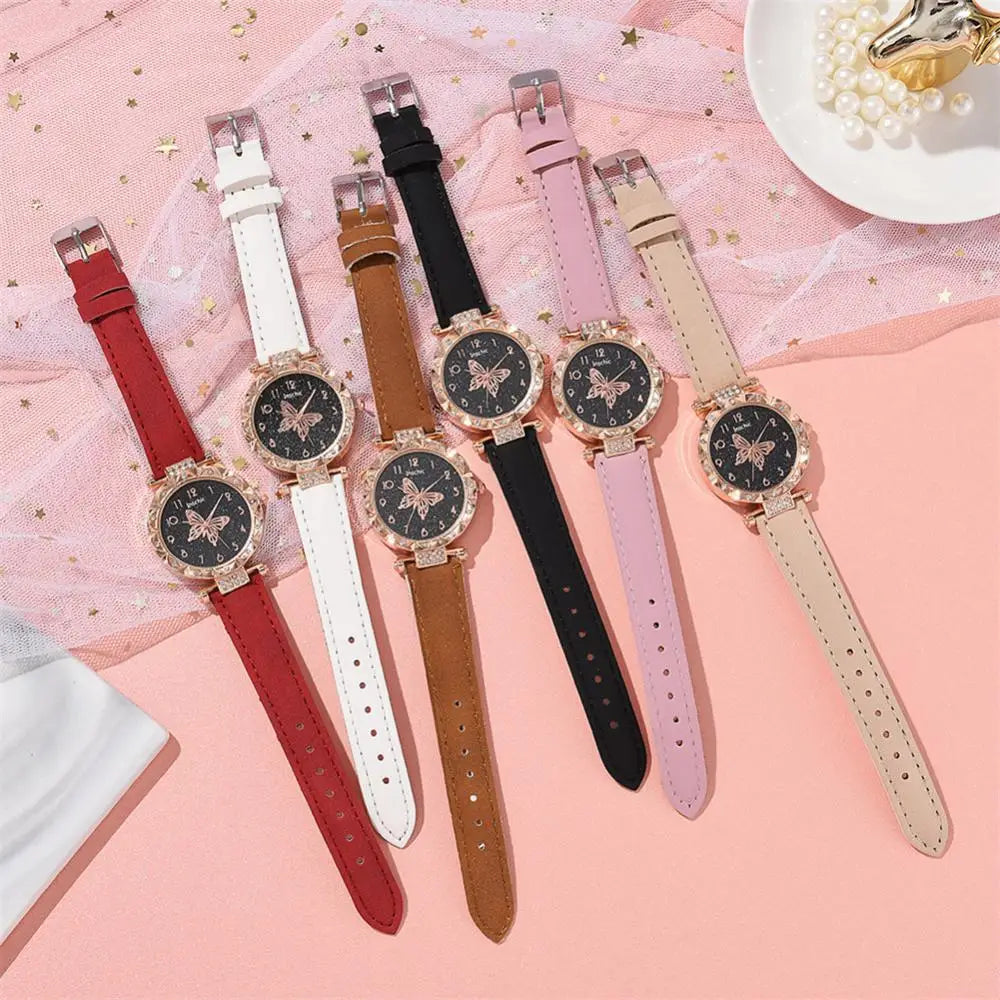 Women Fashion Watch Set No Box Quartz Wristwatch Luxury Crystal Rhinestone Pearl Quartz Watches Butterfly Watches Bracelet Set