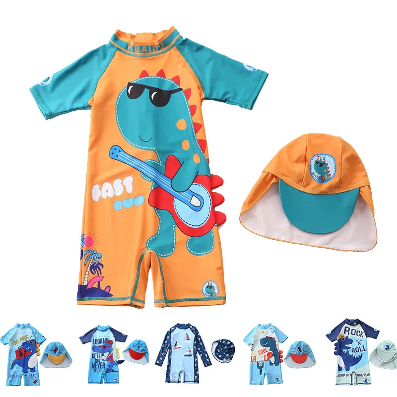 UPF50+ Baby Swimsuit Boys Cartoon Dinosaur Toddler Boy Zipper Swimwear with Sun Hat Rash Guard Surfing Suit Bathing Suit