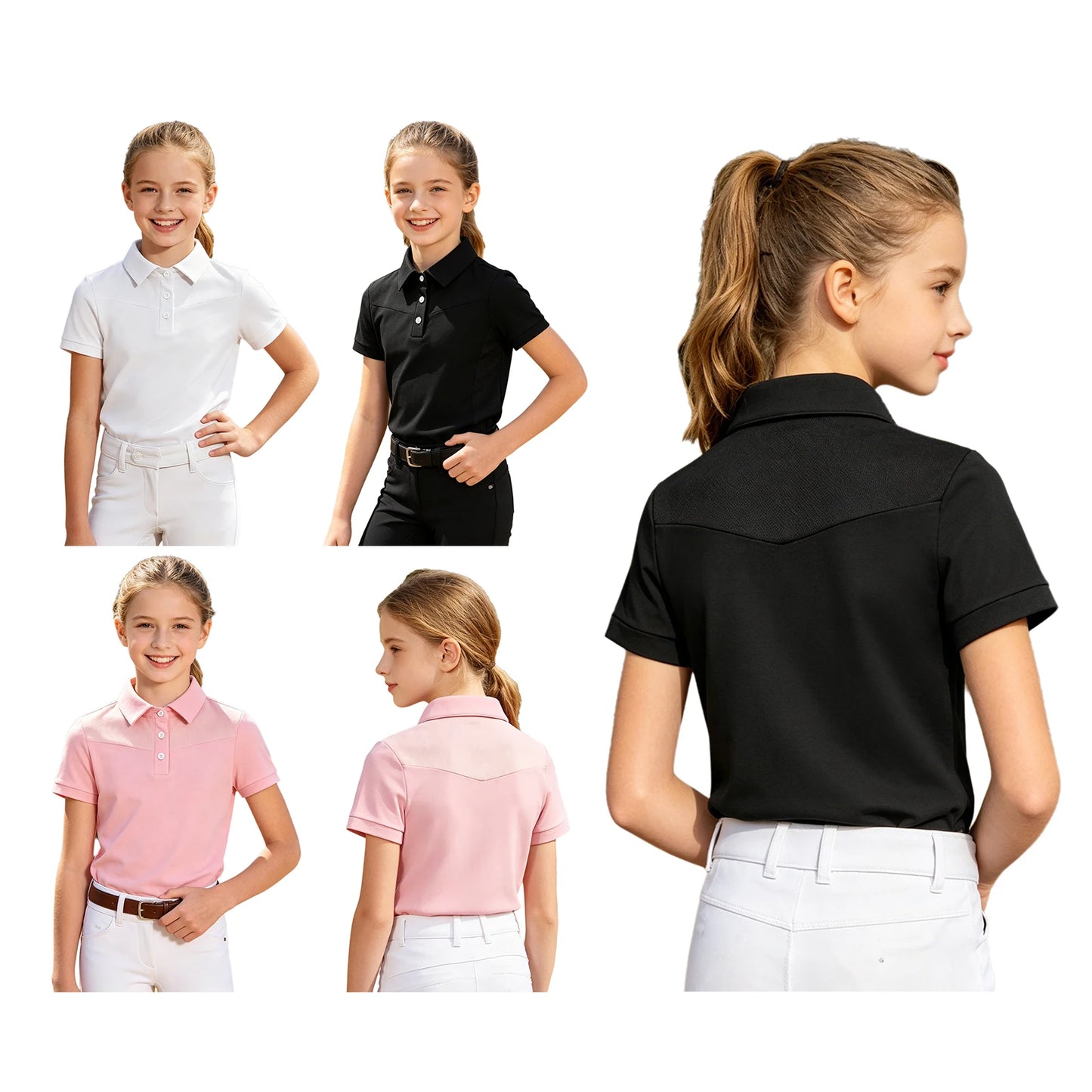 Kids Girls Horse Riding Shirts Short Sleeve Turn Down Collar Buttons T-shirt Closure Design Equestrian Costumes Sports Tops
