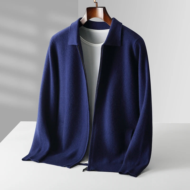 Men's Cardigan 100% Pure Cashmere Jacket Zippered Lapel Knit Sweater, Loose Thickened Long Sleeved Business Casual Autumn Winter