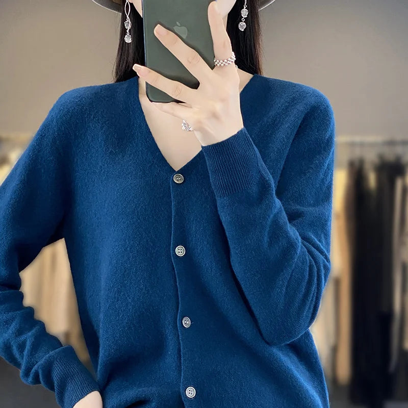 New Fashion Spring Autumn 100% Merino Wool Women's V-neck Cardigan Cashmere Sweater 2024 Female Knitwear Clothing Korean Tops