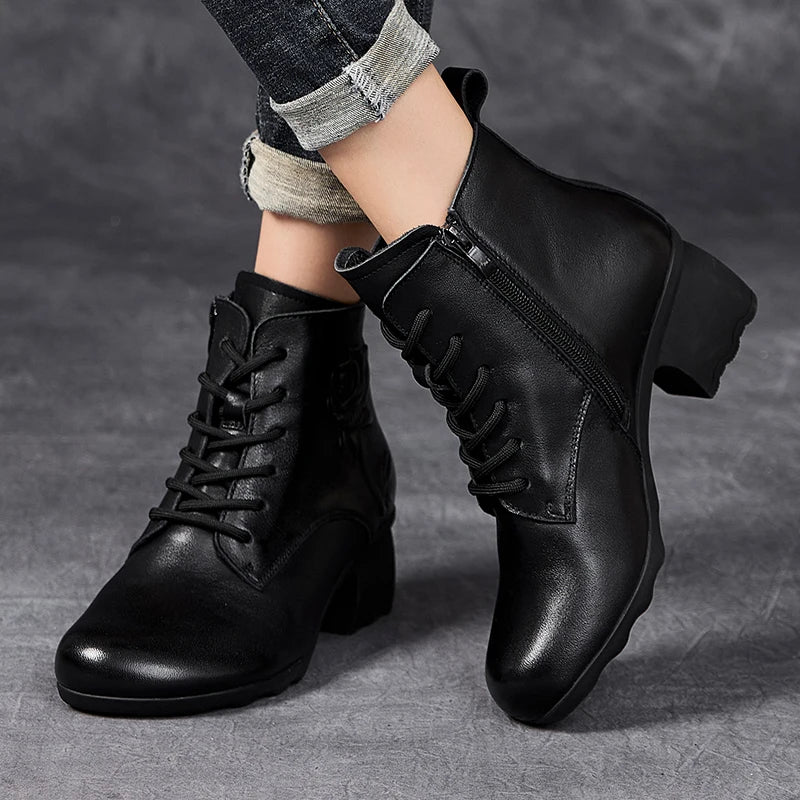 GKTINOO Spring Autumn Women Boots Genuine Leather High Heels Ankle Boots For Women Shoes Retro Handmade Zipper Short Boots