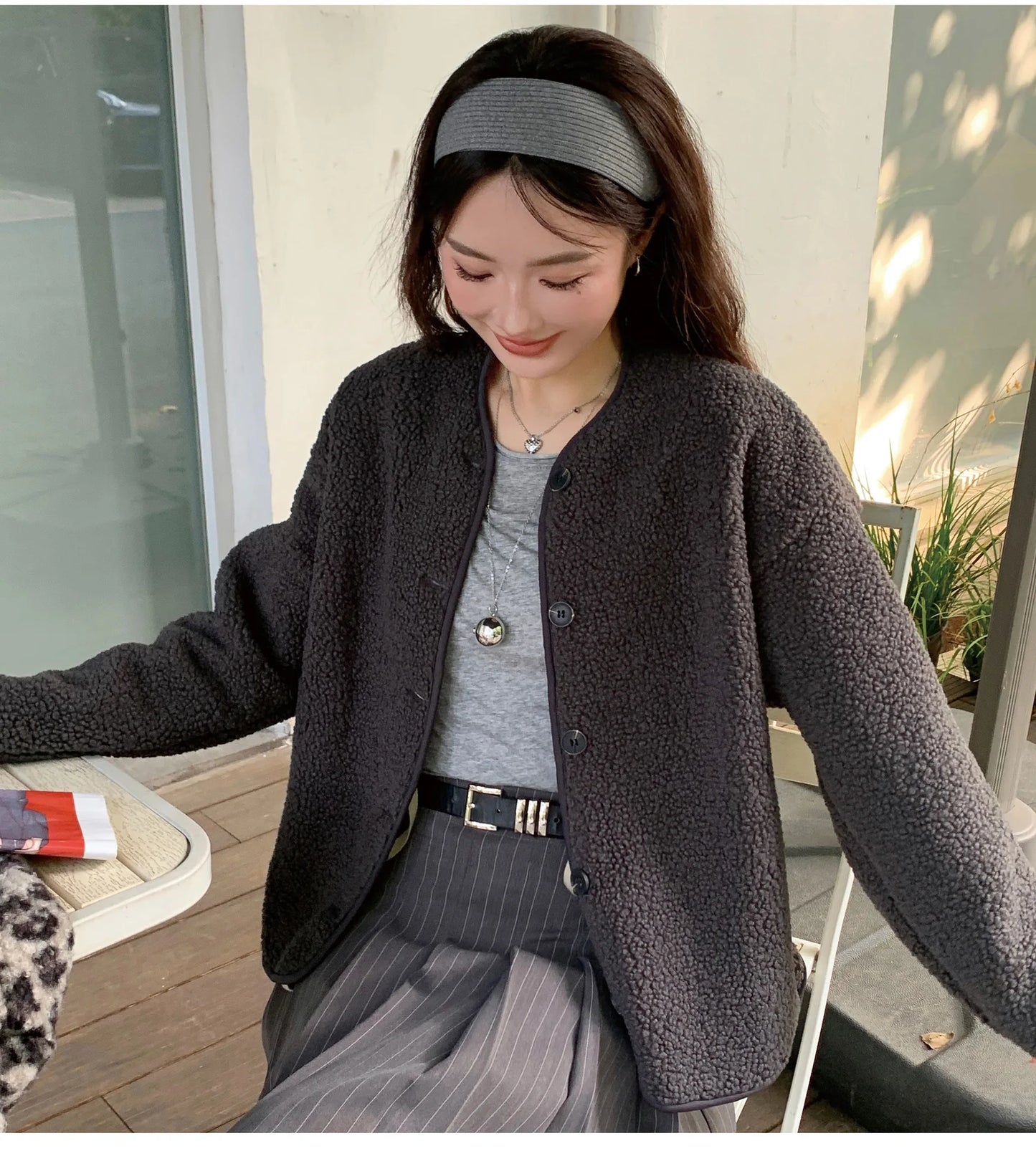 Round Neck Imitation Cashmere Jacket for Women Autumn Winter New Polar Fleece Casual Cardigan Long-sleeved Loose Top