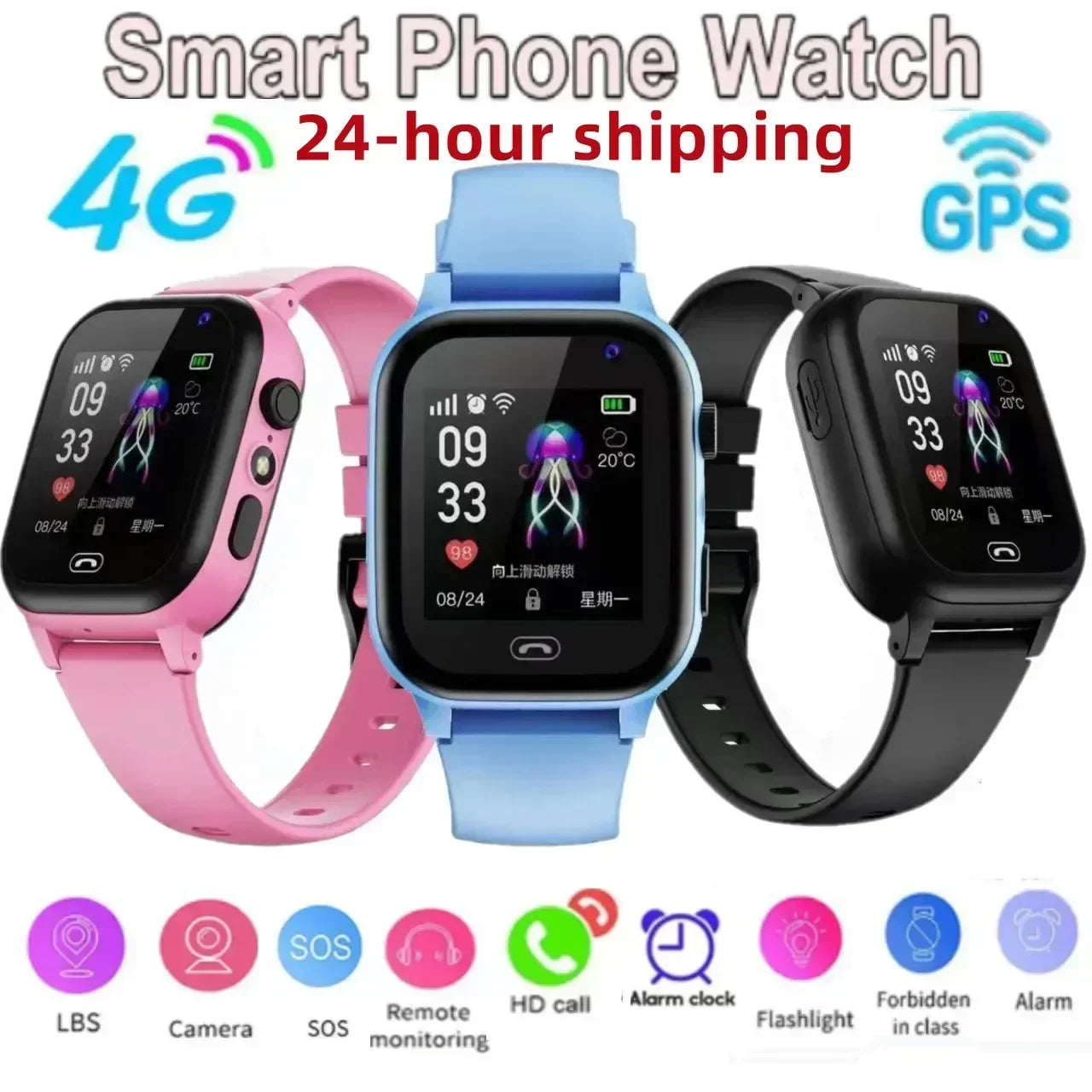 4G Kids Smartwatch SOS GPS Location Video Call Analogue Card Kids Smartwatch Camera Waterproof Watch Boys Girls Upgrade 2024 New