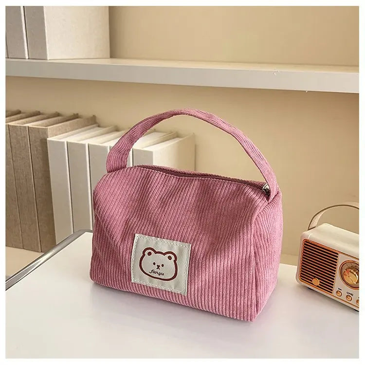 Bear Large Makeup Bag for Women Corduroy Cosmetic bag Make up Bags Zipper Pouch with handle Cosmetic Organizer Toiletry Bag
