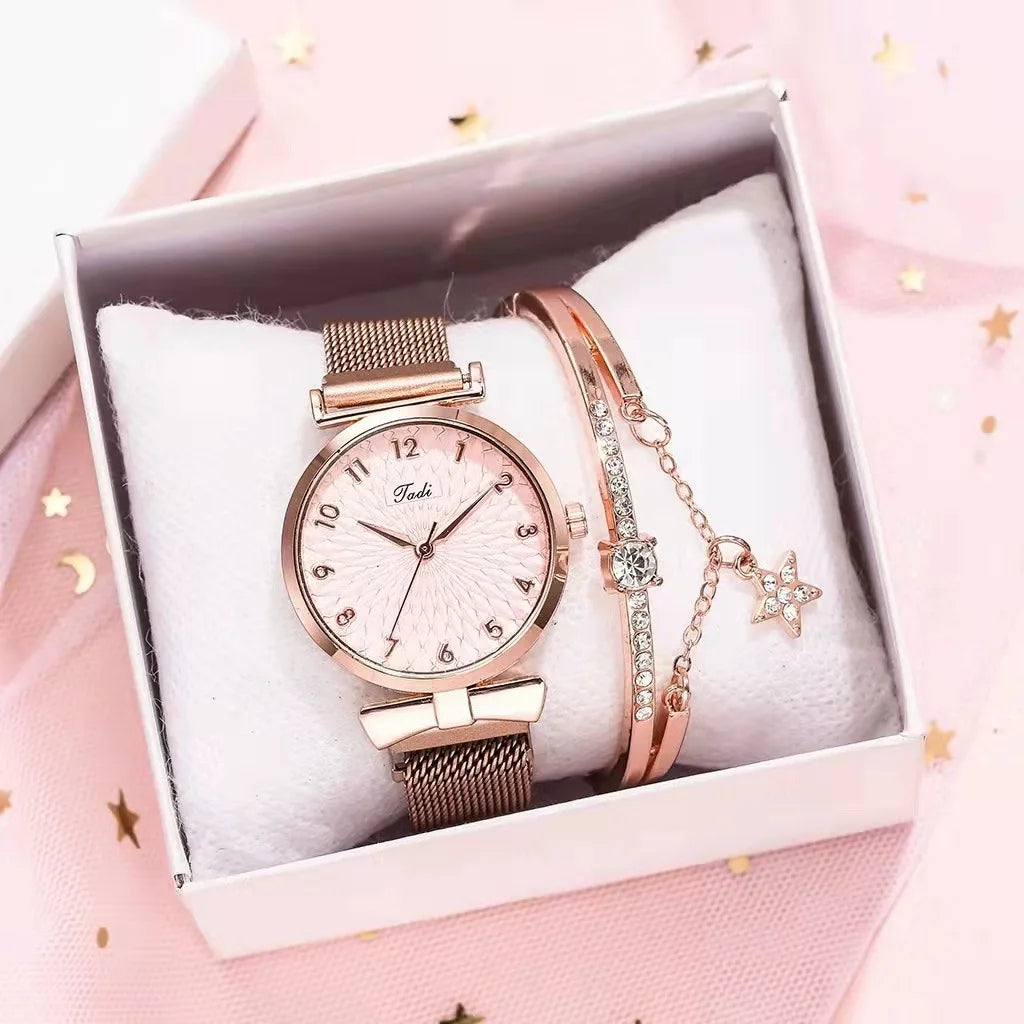 Fashion Women Watches Luxury Leather Buckle Flower Rhinestone Watch Ladies Quartz Wrist Watch Bracelet Set Reloj Mujer