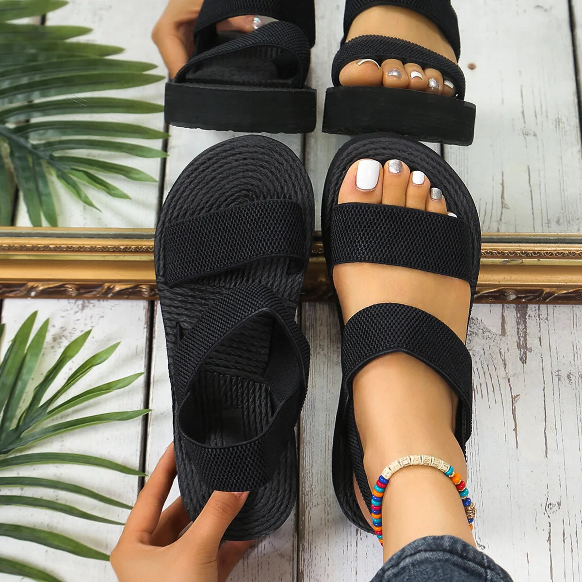 2026Women Slingback Wedge Sandals Outdoor Summer Lightweight Slides Solid Color Thick Bottom Ladies Slipper Female Roman Sandals